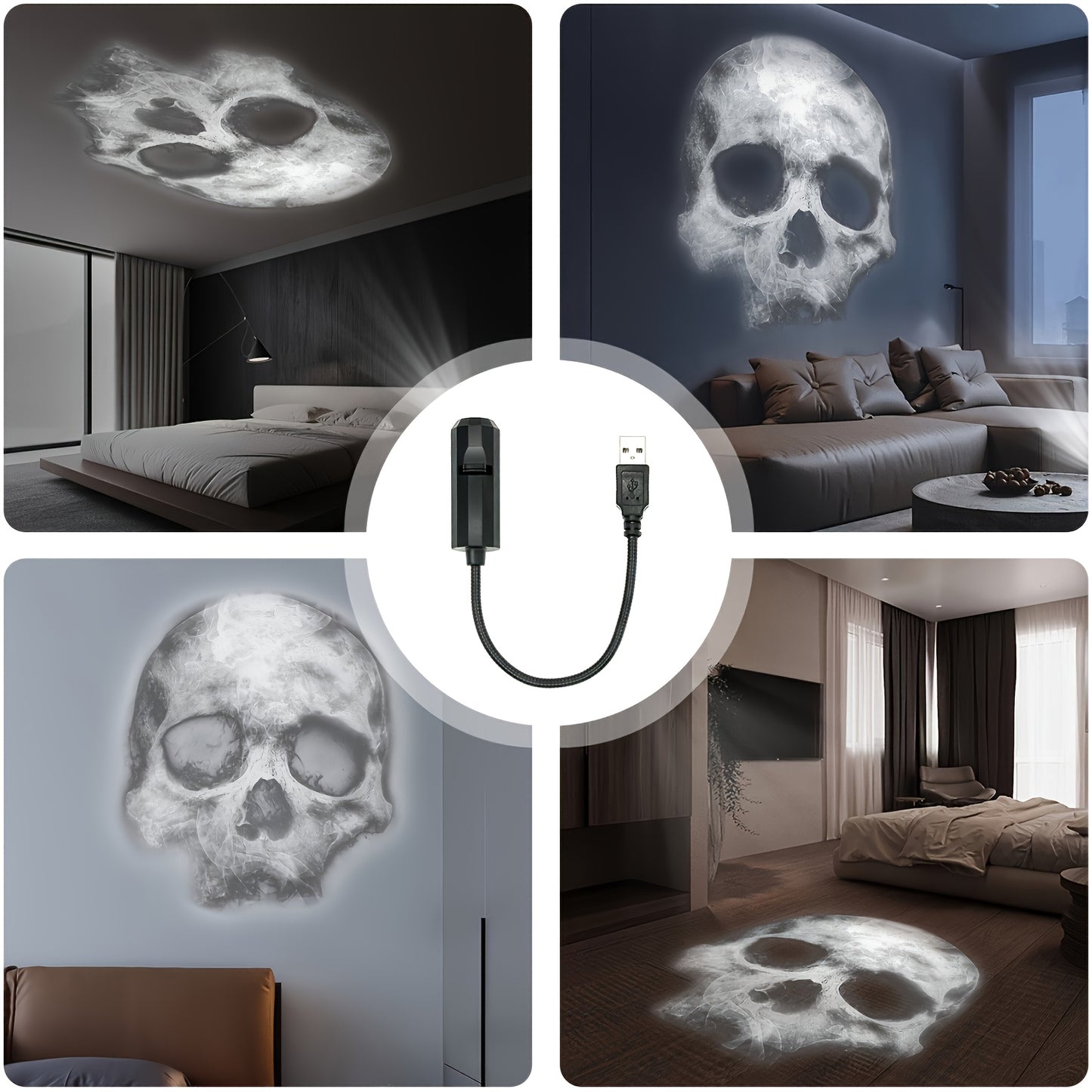 360° Gesichts-Projektorlampe – LED USB-Licht mit Hand- & Schädelprojektionen für Halloween